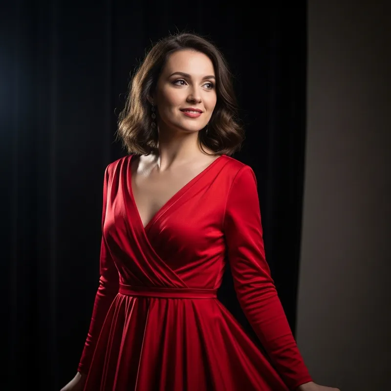 Elegant Brunette in Red Gown, Movie Star Look