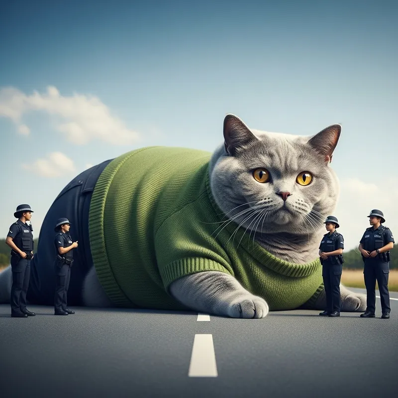 Large Grey British Cat in Green Sweater on Road