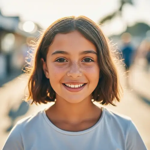 Prepubescent Girl with Tanned Skin, Chestnut Bobbed Hair & Freckles