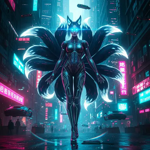 Elegant Cyberpunk Kumiho Girl with Nine Tails in a Futuristic City