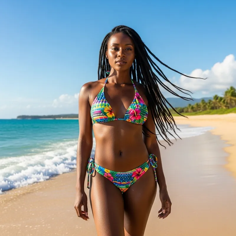Woman in Colorful Bikini on Beach