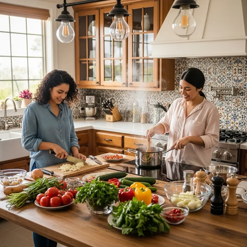 Cultural Fusion Cooking Scene at Wooden Kitchen Table