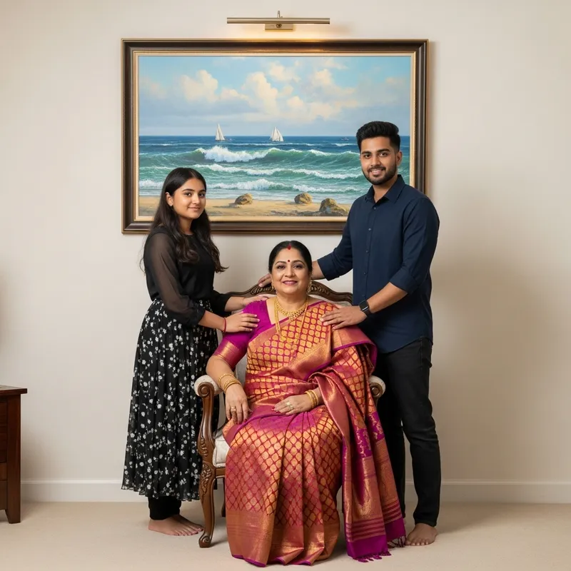 Enchanting South Asian Family Scene with Seascape Painting