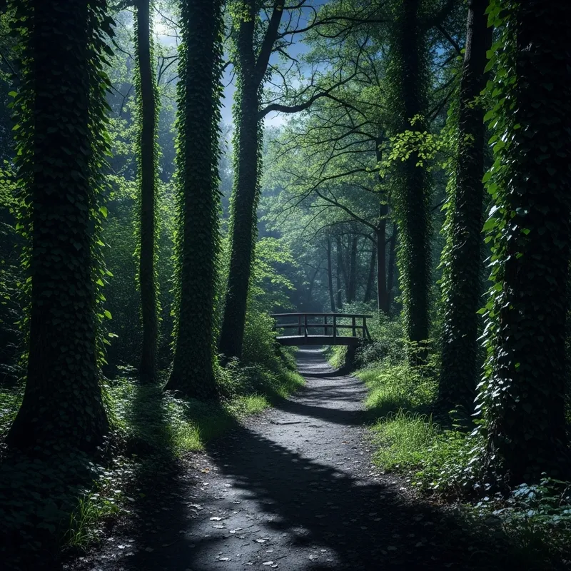 Mysterious Night Path: Moonlit Shadows on Whispering Leaves