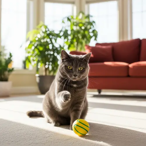 Playful Cat Swatting Bright Yellow Ball in Sunlit Living Room