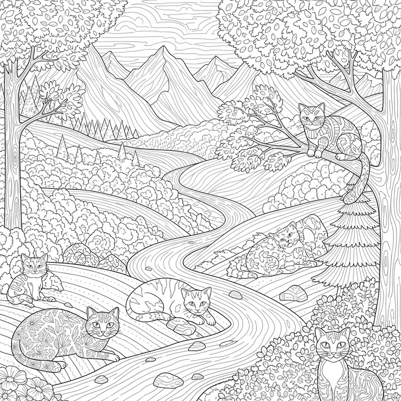 Intricate Nature Landscapes for Adult Coloring with Cats