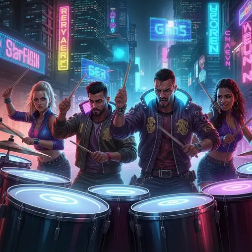 Cyberpunk Style Drums Ensemble by Diverse Group of Musicians
