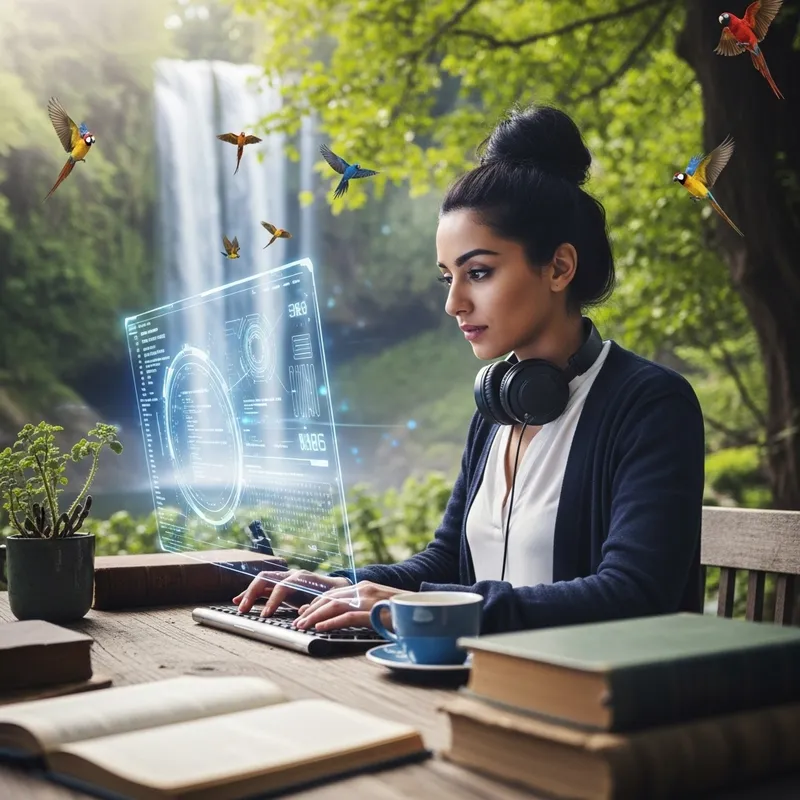 Skilled Coder in Nature Workspace | Middle-Eastern Woman with Jet-Black Hair