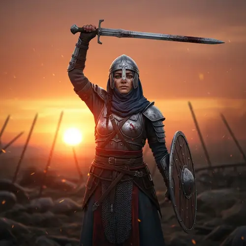 Middle-Eastern Female Warrior Triumphs in Battle at Twilight