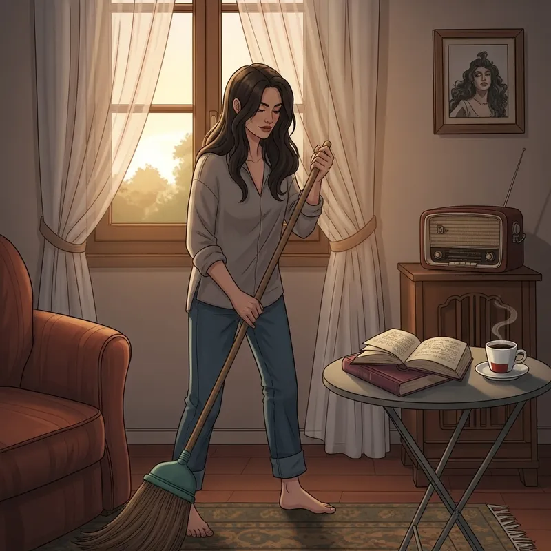 Monica Belluchi Sweeping Her House at Sunset