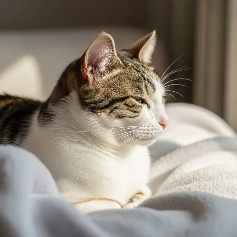 Cute and Cozy White Domestic Cat Relaxing on Plush Blanket