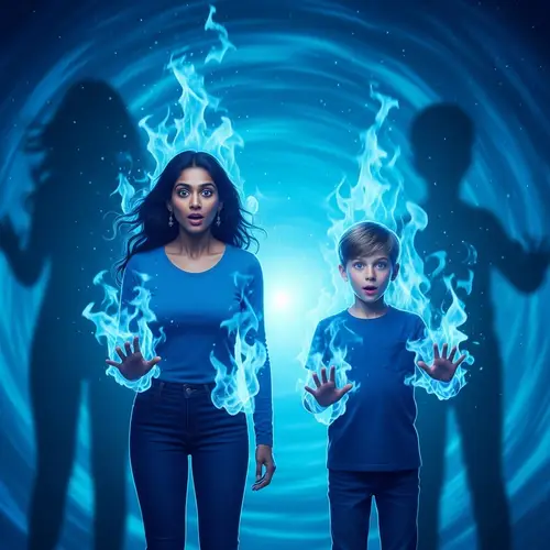Ethereal Blue Magic: South Asian Woman and Caucasian Brother in Mystical Flames