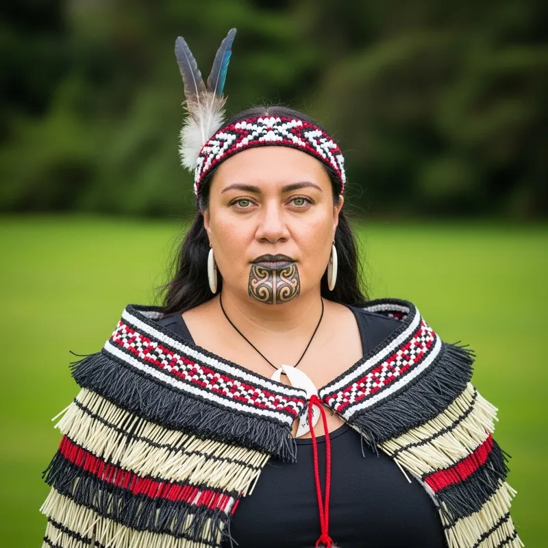 Serene Maori Woman in Traditional Attire Amidst Lush Landscape