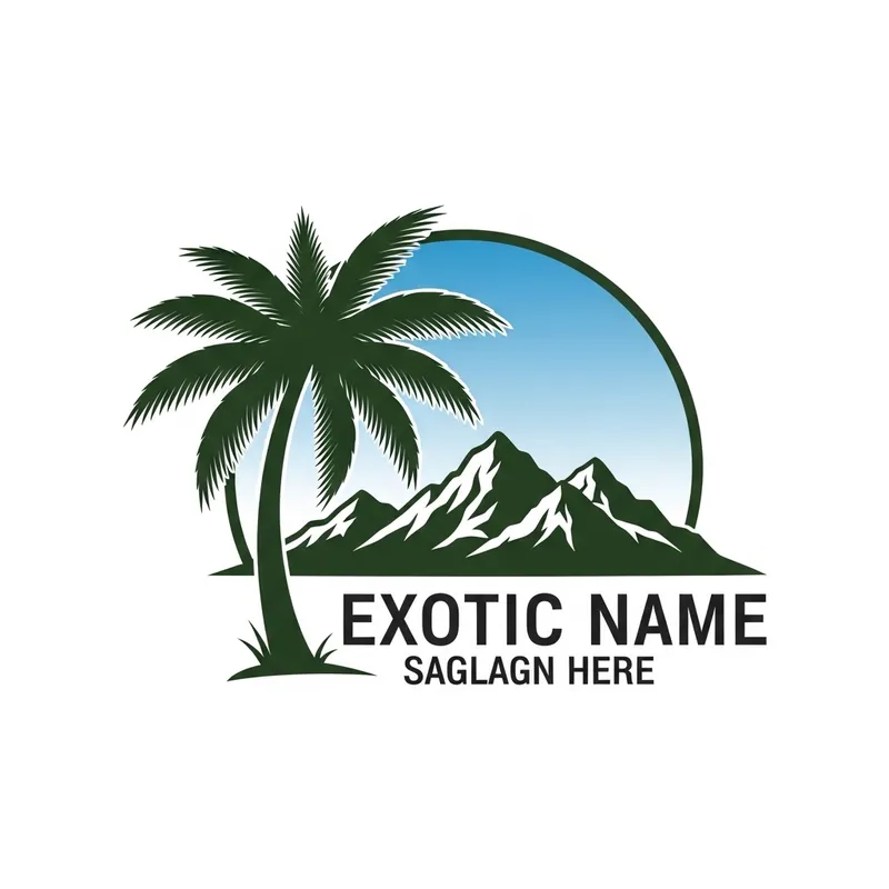 Exotic Destination Logo with Palm Tree and Mountains