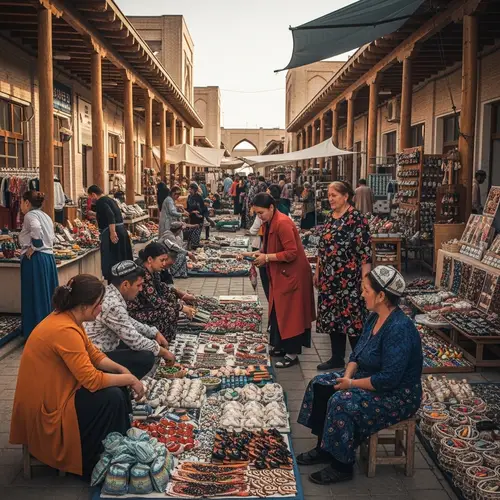 Vibrant Uzbekistan Street Market | Warm Tones & Dynamic Trader Scenes