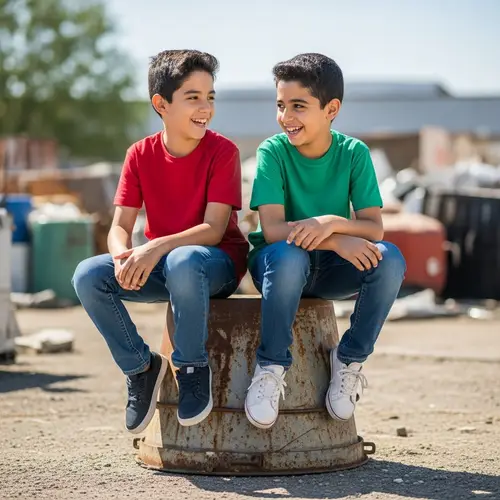 Boys Laughing on Rusted Bucket in Scrapyard