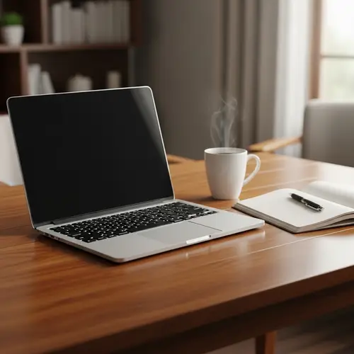 Home Office Workspace Setup with Laptop, Coffee, and Notebook