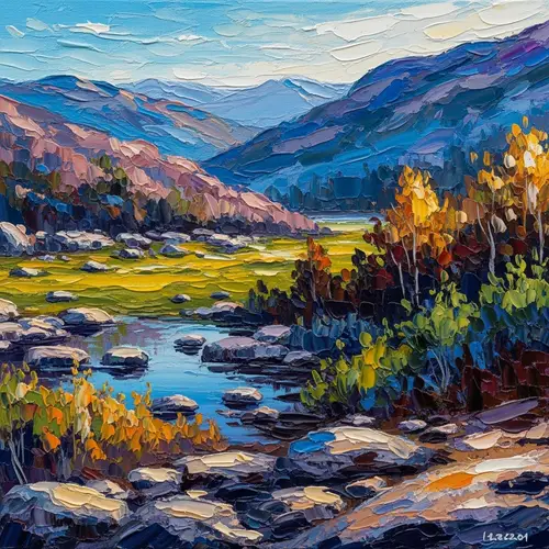 Impressionist Landscape Painting with Vibrant Colors and Light Effects