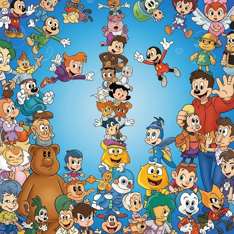 Many Cartoon Characters on Blue Background