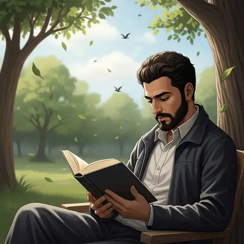 Solitary Middle-Eastern Man Immersed in Thick Novel at Tranquil Location