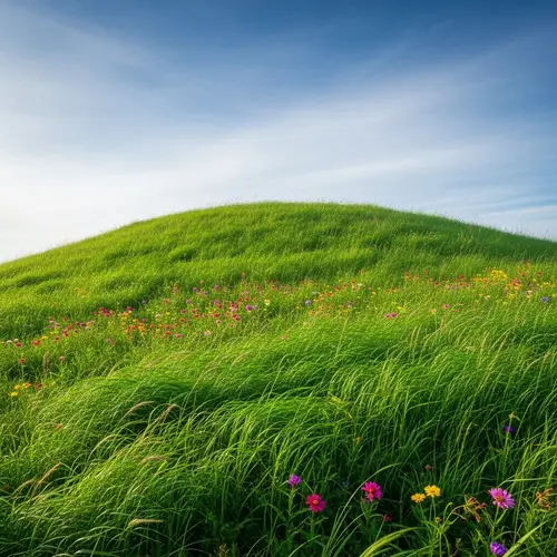 Tranquil Landscape: Green Hill with Colorful Flowers and Endless Sky