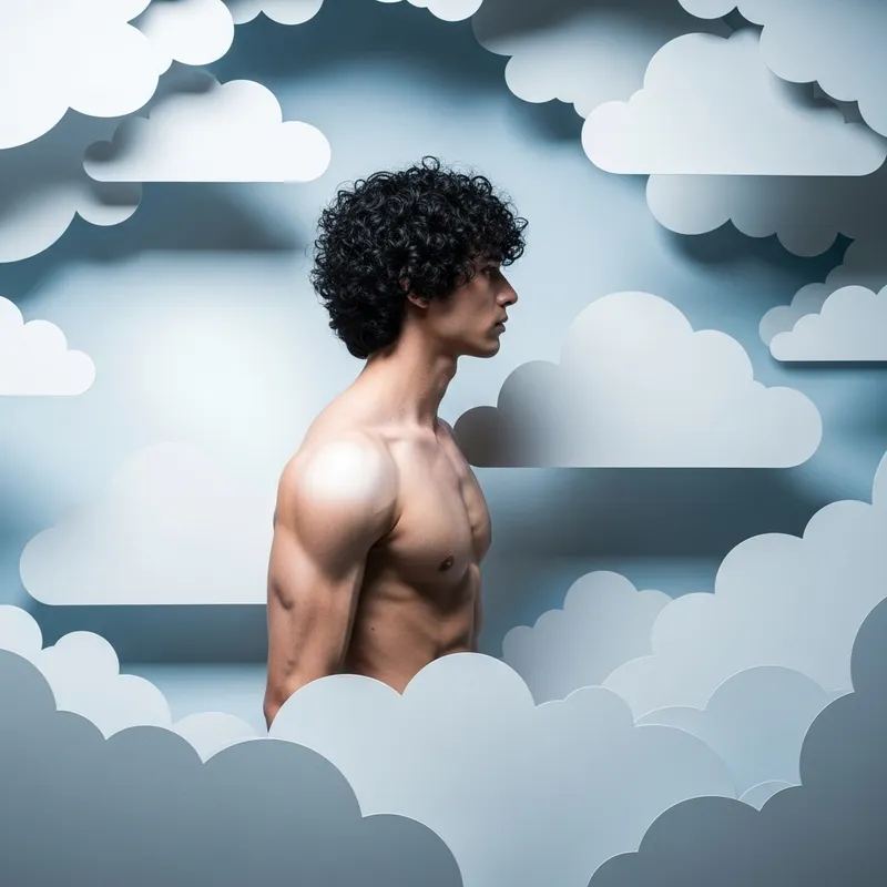 Muscular Man with Curly Hair Surrounded by Cut-out Clouds