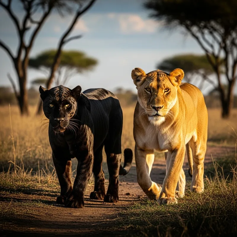 Majestic Black Panther and Lioness Walking in Dramatic 4K Detail
