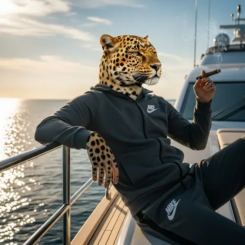 Leopard-Headed Humanoid Smoking in Yacht | Nike Attire