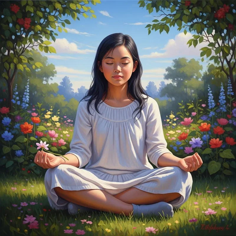 Girl Meditating with Flower - Peaceful Garden Oil Painting
