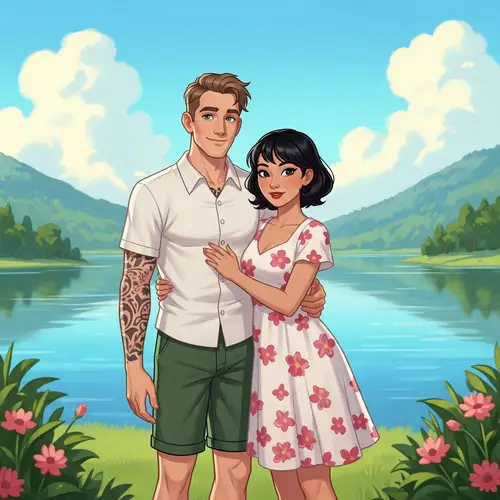 Hand-Drawn Animation Inspired Couple in Front of Lake | Modern Art