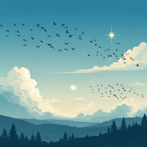 Tranquil Nature Wallpaper: Birds in Sky, Moonlight, Anime Style