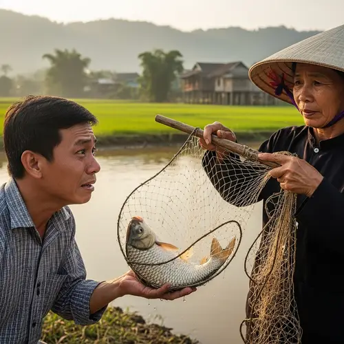 Vietnamese Man Pondering Over Releasing a Fish