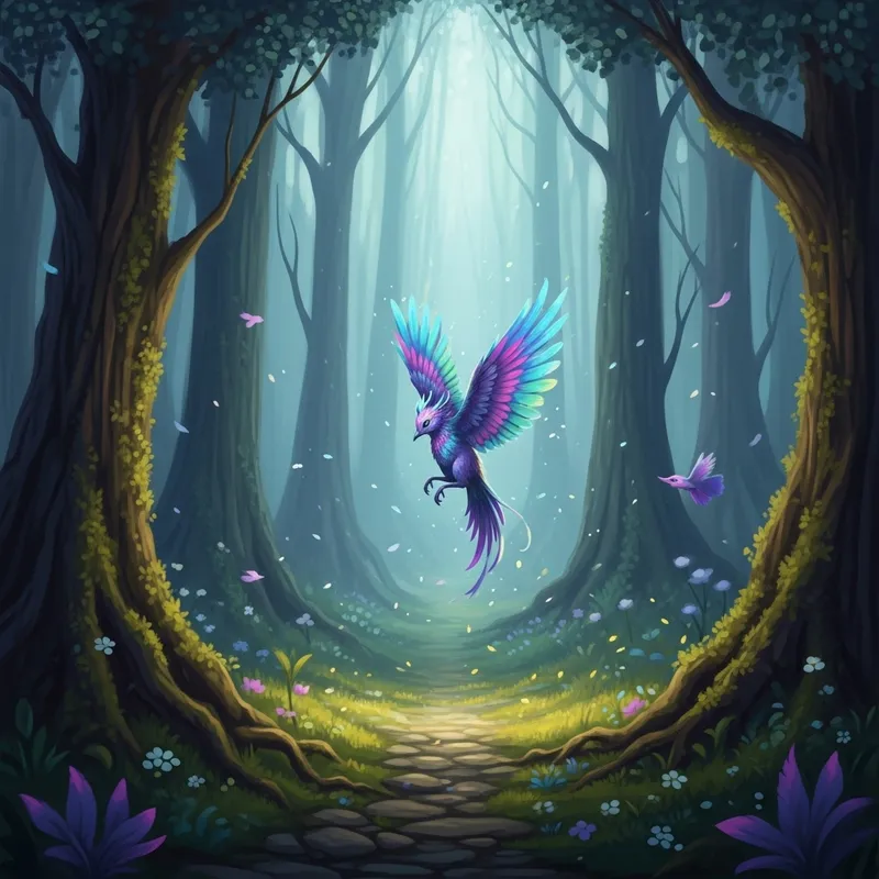 Enchanting Mystical Creature in Vibrant Fantasy Forest | Iridescent Colors