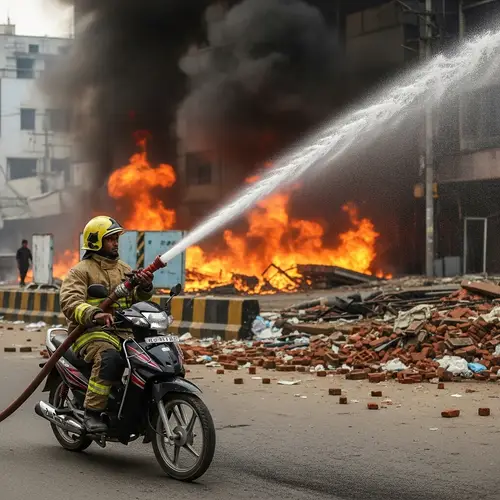 Dedicated Firefighter Battling Urban Blaze | Hero in Action