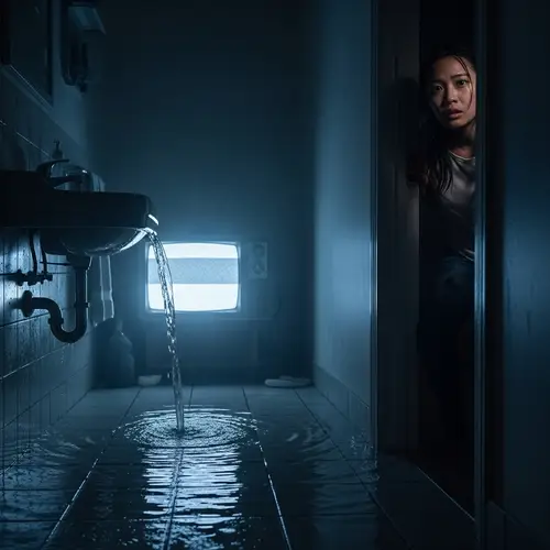 Chilling Bathroom Scene with Spilling Water and TV
