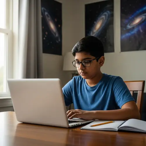 Serene South Asian Boy Studying with Laptop at Wooden Desk