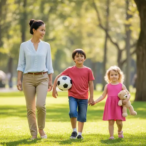Loving Family Walk: Mom, 9-year-old Son & 2-year-old Daughter