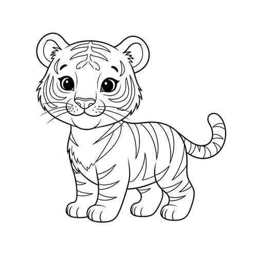 Cute Tiger Coloring Page for Kids | Black and White Sketch