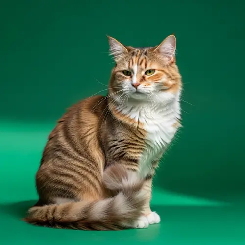 Multi-Colored Long-Haired Cat on Green Background