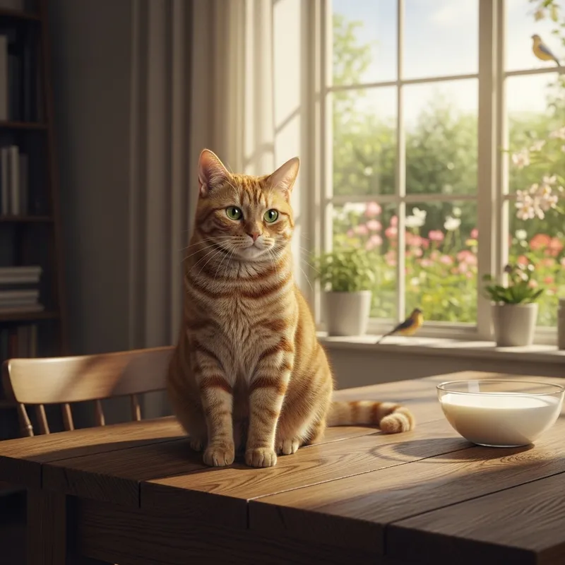 Adorable Ginger Cat Sitting on Wooden Table