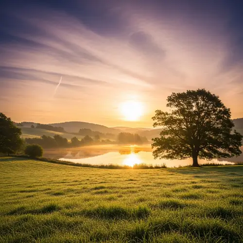 Tranquil Morning Landscape: Lush Green Field, Calm Lake, and Rolling Hills