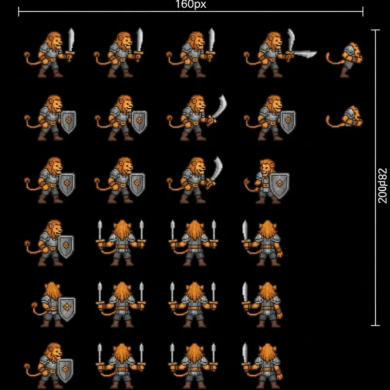 Pixel Art Sprite Sheet of Lion Humanoid for Dungeons and Dragons RPG