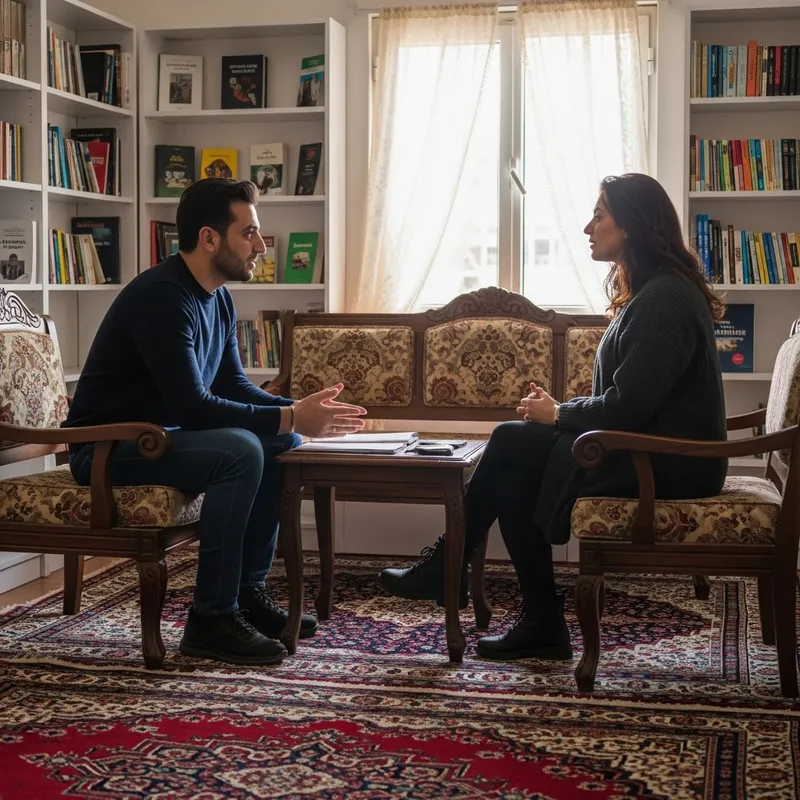 Male Psychologist Supports Kurdish Female Journalist in Sunlit Room