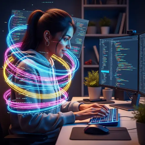 Passionate South Asian Female Developer Coding with Protective Shield of Code