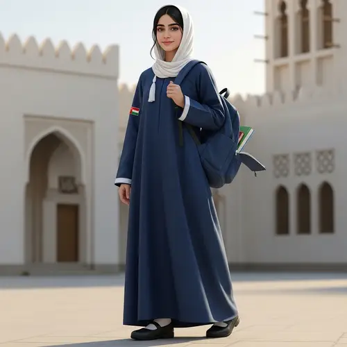 Traditional Omani School Uniform Worn by Middle Eastern Female Student
