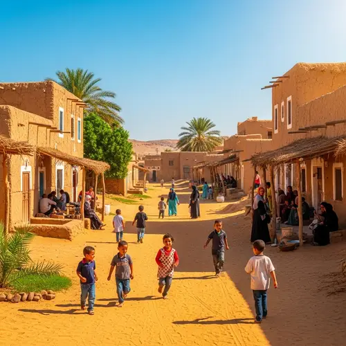 Rustic Egyptian Village Street Scene with Diverse Activities