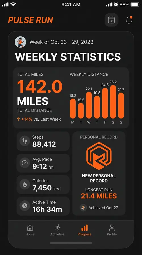 PulseRun Fitness App: Weekly Stats & Achievements