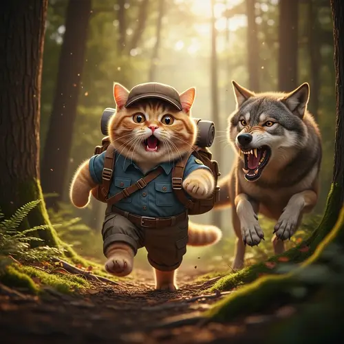 Chubby British Short Hair Cat vs Vicious Wolf in Realistic Forest Scene