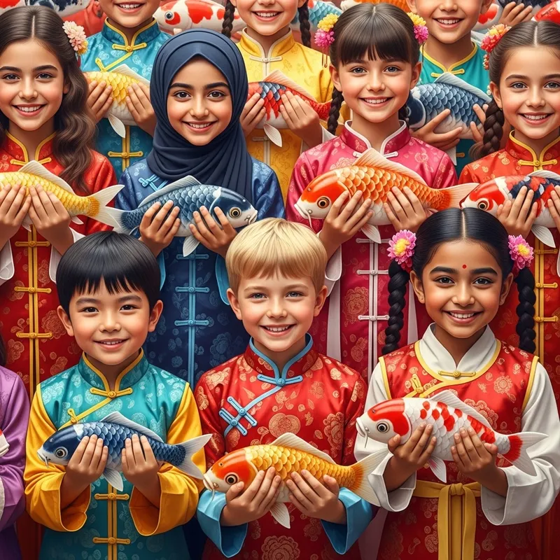 Vibrant Chinese Children with Colorful Koi Fish in Traditional Style