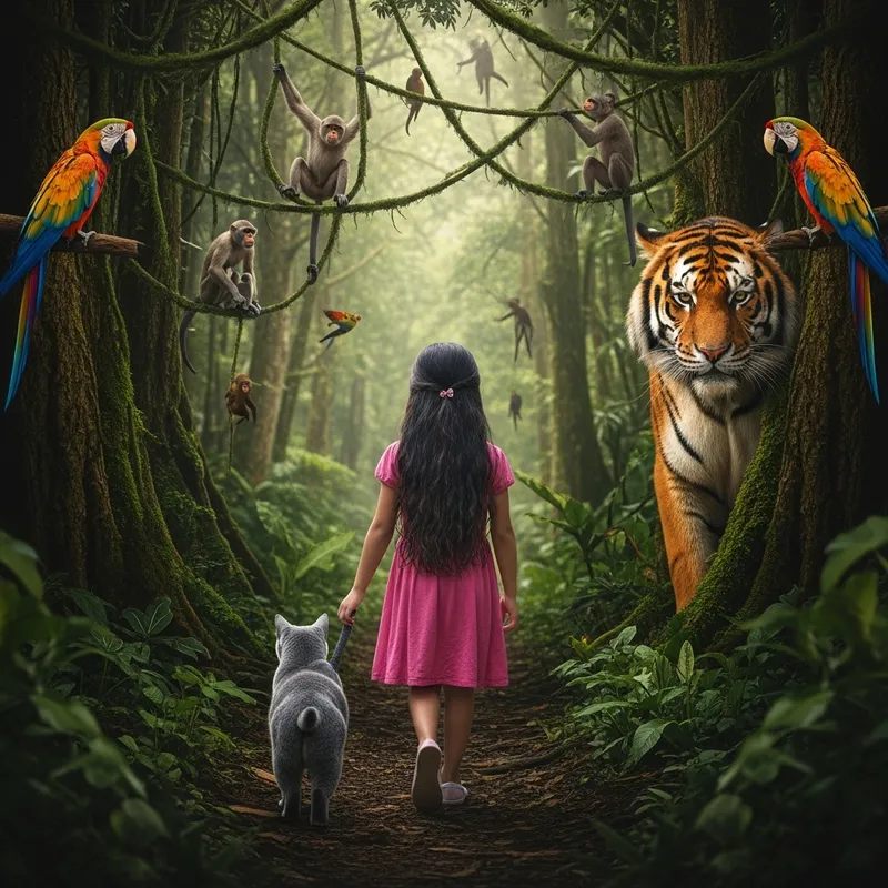 12-Year Old Hispanic Girl and Grey Cat Explore Realistic Jungle